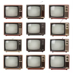 full color page scan reference sheet of various retro tv on white background, matte painting