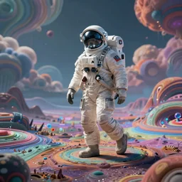 a futuristic detailed astronaut walking on an alien psychedelic surface with strange colorful clouds and distant mountain, 8 k