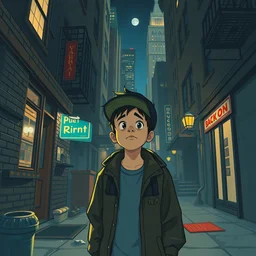 young boy in new york a back alley by night in the style of james gilleard