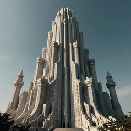 a sci - fi beautiful brutalist monumental castle, with many towers sprouting from the base tower creating a complex and unique geometric building, photography