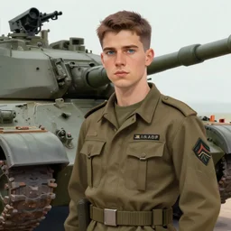 Young man with blue eyes and brown hair, wearing a military uniform, standing next to a tank, by Greg Rutkowski, matte painting, trending on artstation