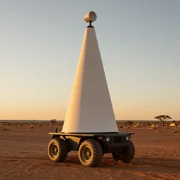 cone shaped peaceful mobile biomimetic rugged anemometer station sensor antenna on all terrain tank wheels, for monitoring the australian desert,  XF IQ4, 150MP, 50mm, F1.4, ISO 200, 1/160s, dawn, golden ratio, rule of thirds