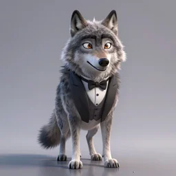 a wolf as a gentleman wearing tuxedo on the pixar biome, smooth render, wet reflections, studio lighting, cinematic perspective, full hd