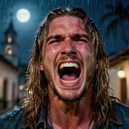 chris benoit close - up character portrait, screaming, physically upset, beautiful expressive male face, outdoor background, mexican atmosphere, rain storm, ethereal details, night, cinematic lighting, hyper - detailed, maximalist, trending on artstation, cgsociety, 8 k, high resolution, in the style of faiza maghni, david ligare, flora borsi, daniel gerhartz, elena masci, no feet, moon