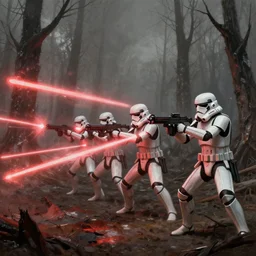 imperial stormtroopers shooting red blaster bolts in barren lifeless forest with burned trees concept art by Doug Chiang cinematic, realistic painting, high definition,very detailed, extremely high detail, photo realistic, concept art, unreal engine 5, the Mandalorian concept art style