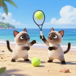 siamese cats are playing tennis on the beach by the sea, pixar animation, cute style, high - precision
