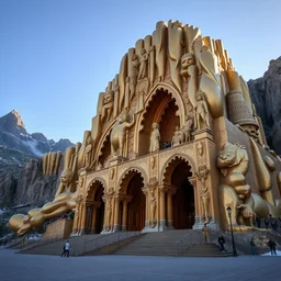 photo of a massive sculpture made of gold in cordillera de los andes, with beautiful great arches and detail, architecture carved for a titan