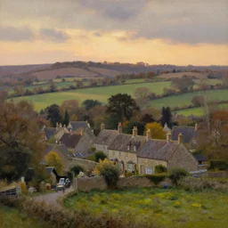 beautiful high detail oil landscape painting of an old quaint English village in the countryside, fields and hills in the distance, sunset, ambient light