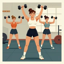 girls weightlifting dumbells in a gym, very coherent, 1 9 4 0 s propaganda poster art, two tone, muted colors