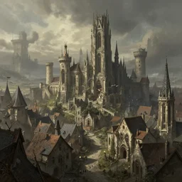 a big medieval town, old gothic architecture, tall towers, art by wadim kashin, cgsociety, artstationhq, concept art, fantasy, dystopian art