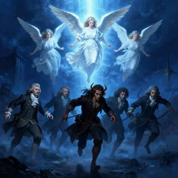 angels descent from the heaven devil run away and hide, blue light, blue tones. by henriette ronner - knip, by william henry hunt, by rembrandt, by joseph mallord william turner, by konstantin razumov, concept art