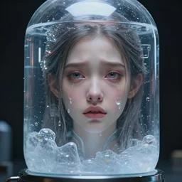 a young, slender girl, cryocapsule, container, freezing, hyperrealistic face, beautiful eyes, fantasy art, in the style of greg rutkowski, intricate, hyperdetalized, smooth, cyberpunk, tech