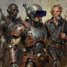 junky warrior with cybernetic gadgets and vr helmet, durty colours, rotten textures, rusty shapes, biotechnology, tim hildebrandt, wayne barlowe, bruce pennington, donato giancola, larry elmore, oil on canvas, masterpiece, trending on artstation, featured on pixiv, cinematic composition, hyper - detailed, hd, hdr, 4 k, 8 k
