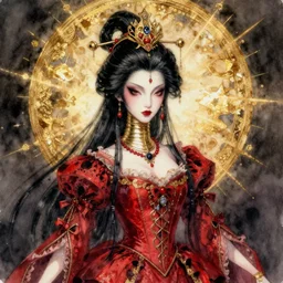 watercolor painting of avant - garde portrait of an asian bjd geisha vampire queen with a long neck in a victorian red dress painted by daniel, intricate detail, artstation, artgerm, in the style of dark - fantasy, rococo, gold leaf art
