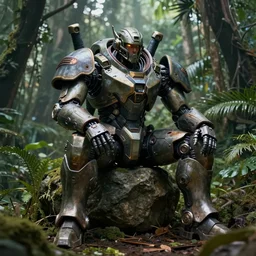 A concept art of an armored mecha robot with a man sitting in a stone in the middle of the jungle, highly detailed, scifi film color palette, ridley scott film, cinematic lighting, trending on artstation, cgsociety, volumetric lighting, style inspired by Ian McQue and Sparth and Feerikart, hyper realistic