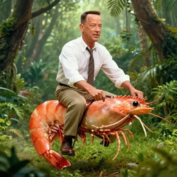 Tom Hanks as forrest gump riding a giant shrimp in the jungle, digital art, photoreailstic, amazing detail