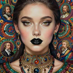a close up of beautiful girl with black lipstick wearing a intricate necklace surrounded by colourful intricate patterns, by edgar maxence and caravaggio and michael whelan, intricate painting, hyper realistic, extremely detailed and beautiful aesthetic face, 8 k resolution
