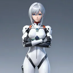anime cyborg woman silver hair standing arms crossed in space suit, anime, ghost in the shell, photo, highly detailed