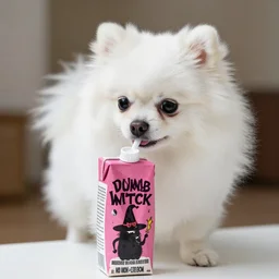 small white pomeranian drinking from a juice box full of dumb witch juice