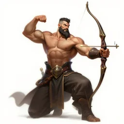 a highly detailed illustration of short haired shirtless bearded god, heroically flexing bodybuilding archer pose, muscular, intricate, elegant, highly detailed, centered, digital painting, artstation, concept art, smooth, sharp focus, league of legends concept art, WLOP