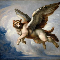 a very detailed, painting of a cat with wings flying though the sky in michelangelo style of painting