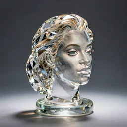 a transparent crystal glass statue of a Beyonce head, studio photography, in focus