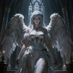 an anime portrait of a gorgerous female fantasy angel, trending on pixiv, gothic cathedral church, dramatic lighting, moody, directional lighting, cool beauty, spooky, mystery, cold eyes, volumetric lighting :. 3, pinterest