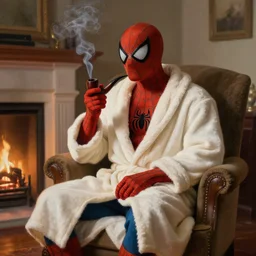 in a cozy room sits on an armchair by the fireplace spiderman in a bathrobe and holds a smoking pipe in his hands, realistic light, soft light, focus, depth of field, photorealism, 8 k quality, high quality, realistic style, oil painting