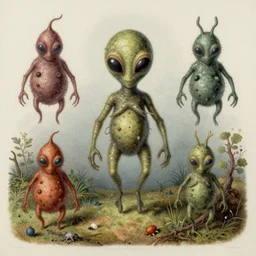 small alien parasite color scientific illustration by Ernst Haekel, color illustration with orthographic views