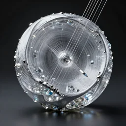 a musical instrument based on quantum mechanics, liquid metal, glass fiber, glass and crystals, ray tracing reflections, textured, elegant, hyperrealistic