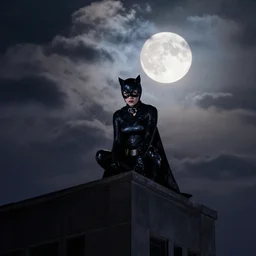 catwoman on the top of a building with a full moon in the cloudy night sky