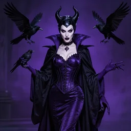 female super villain. goth. shadow powers. intimidating and beautiful. purple. corvids.