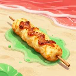 kebab in batter on the beach with red water and green sand, ultra detailed, trending on artstation, concept art, octane render, unreal engine,