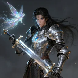 character concept portrait of an attractive young intense dark long haired wizard with a brand mark on his forehead and glowing blue eyes, wearing shining fantasy knights armor, conjuring a giant sword in his right hand, a floating iridescent woman fairy flies around, intricate, elegant, digital painting, concept art, smooth, sharp focus, illustration, from Metal Gear, by Ruan Jia and Mandy Jurgens and William-Adolphe Bouguereau, Artgerm