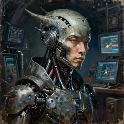 cinematic bust portrait of a Japanese male cyberpunk cyborg hacker android, head and chest only, exotic alien features, grunge, grime, tech-noir, low-key, glowing lights, robot parts, computer monitors, Tim Hildebrandt, Wayne Barlowe, Bruce Pennington, donato giancola, larry elmore, oil on canvas, masterpiece, trending on artstation, featured on pixiv, cinematic composition, dramatic pose, beautiful lighting, sharp, details, hyper-detailed, HD, HDR, 4K, 8K