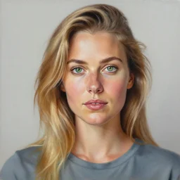 a portrait of a blonde woman with green eyes and brown hair, wearing tshirt, a photorealistic painting by mandy jurgens, trending on artstation, photorealism, detailed painting, behance hd, hyper realism