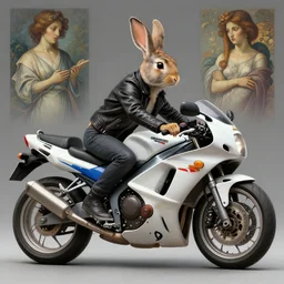 a bunny wearing a leather jacket, riding a suzuki dr 6 0 0 motorcycle, highly detailed, digital painting, artstation, concept art, matte, sharp focus, highly detailed, 4 k, hdr, smooth, sharp focus, high resolution, award - winning photo, photorealistic, art by artgerm and greg rutkowski and alphonse mucha, large shot