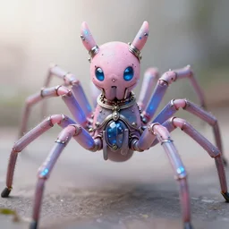 natural light, soft focus portrait of a cyberpunk anthropomorphic spider with soft synthetic pink skin, blue bioluminescent plastics, smooth shiny metal, elaborate ornate jewellery, piercings, skin textures, by annie leibovitz, paul lehr