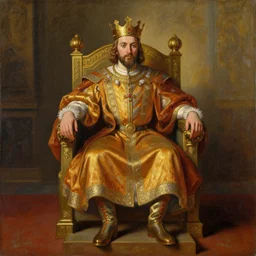 An oil painting of a king sitting on a throne