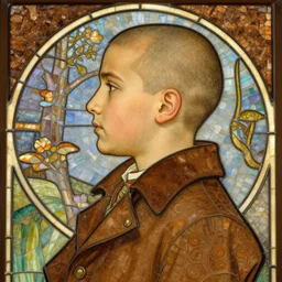 beautiful and detailed portrait of gaunter o'dimm, profile view, side view, lebanese man, 4 5 years old, brown coat, shaved head, slight stubble, stained glass art, by alphonse mucha, brown mosaic background, very masterful