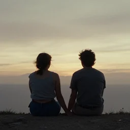 film still from poetic truth about money and love(2017) two friends holding hands siting on a cliff watching the sunset together by Emmanuel Lubezki