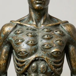 statue of human chest cavity full of eyes made of bronze