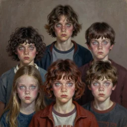 a demonic horrific portrait of the cast of stranger things, white eyes, bored, illustration, soft lighting, soft details, painting oil on canvas by edmund blair leighton and charlie bowater octane render, hdr, trending on artstation, 4 k, 8 k, hd