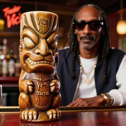 a closeup photorealistic photograph of a trader vic's snoop dogg tiki mug sitting next to snoop dogg at the trader vic's bar. brightly lit scene. this 4 k hd image is trending on artstation, featured on behance, well - rendered, extra crisp, features intricate detail, epic composition and the style of unreal engine.