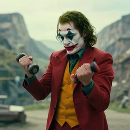 cinematic shot of the joker doing bicep curls in a mountain range, 8 k, dslr, very detailed, very intricate,