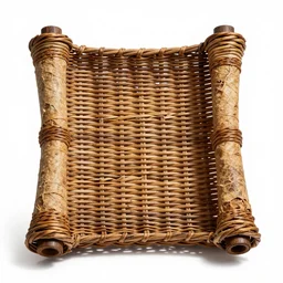 wicker ancient scroll, photorealistic, isolated on a pure white background, centered, entire object in frame, sharp focus, soft studio lighting