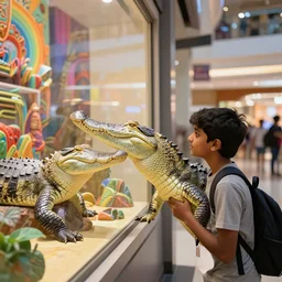 curious indian gharial window shopping at the mall, artstation, colorful