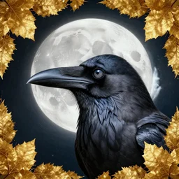 golden leaves at frame border, creative!!! composition for a book cover, moon, beautiful side portrait of a crow painting by jeremy mann, absurdly beautiful, ultrafine hyperrealistic detailed animal face by wlop and artgerm and greg rutkowski, intricate linework, sharp focus, smooth, octopath traveler, final fantasy, unreal engine, dramatic lighting, ethereal, 8 k