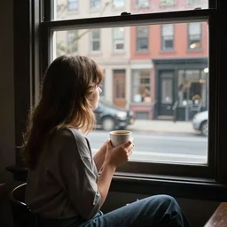 “ a girl holding a cup of coffee looking out a window overlooking the east village in new york city, morning light, by edward hopper ”
