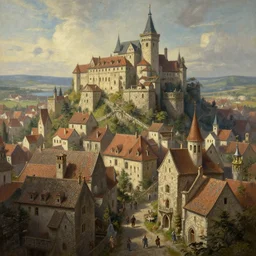 A beautiful painting of a medieval town, cinematic composition, concept art, matte painting, Marc Simonetti, Sergey Vasnev, Anato Finnstark, artstation, 8k, high resolution